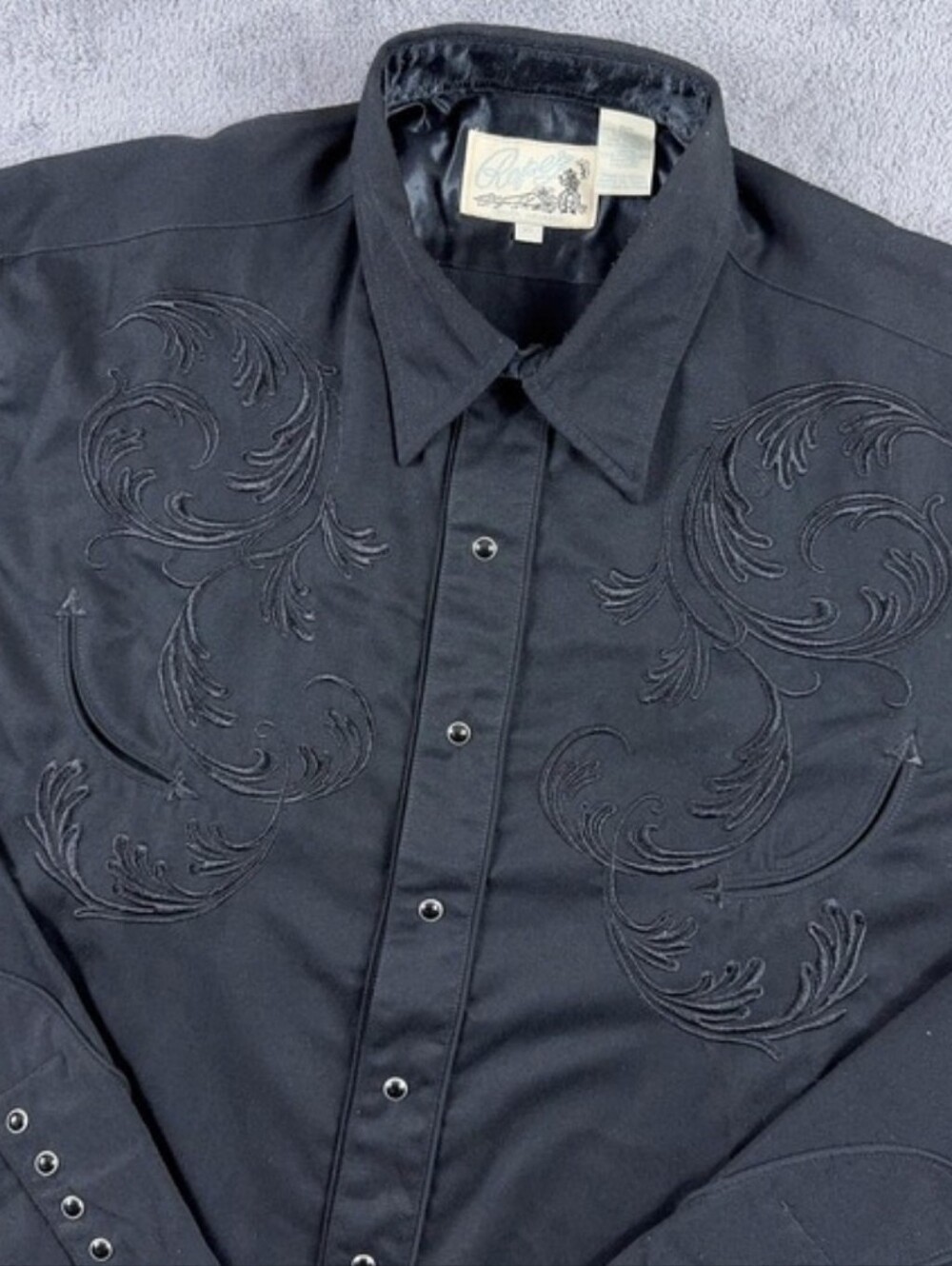Roper Shirt Mens XL Black Embroidered Western Pearl‎ Snap Front Lined Cowboy
